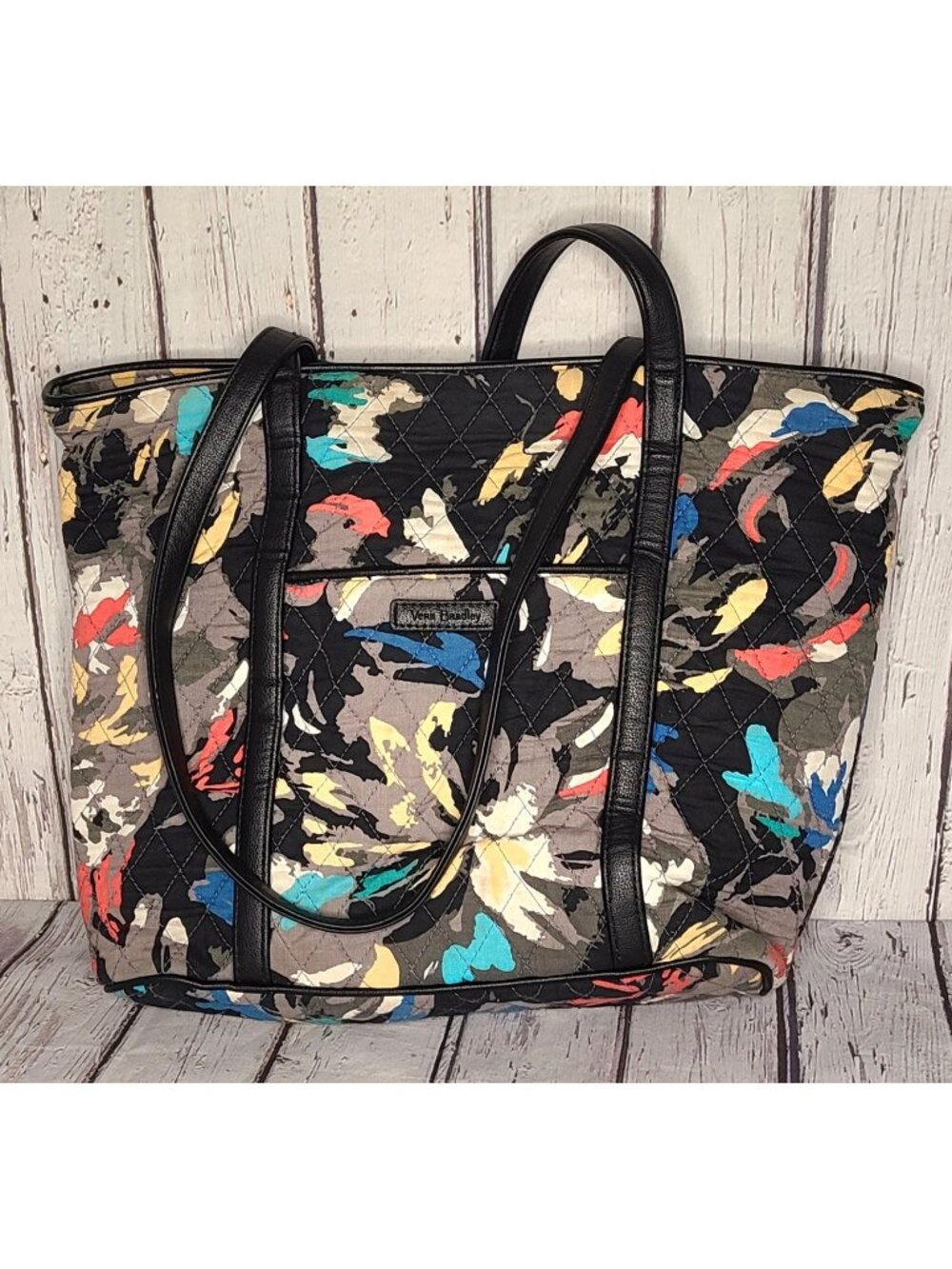 15" Vera Bradley Splash Floral Tote Shoulder Handbag Leather Straps Quilted Big
